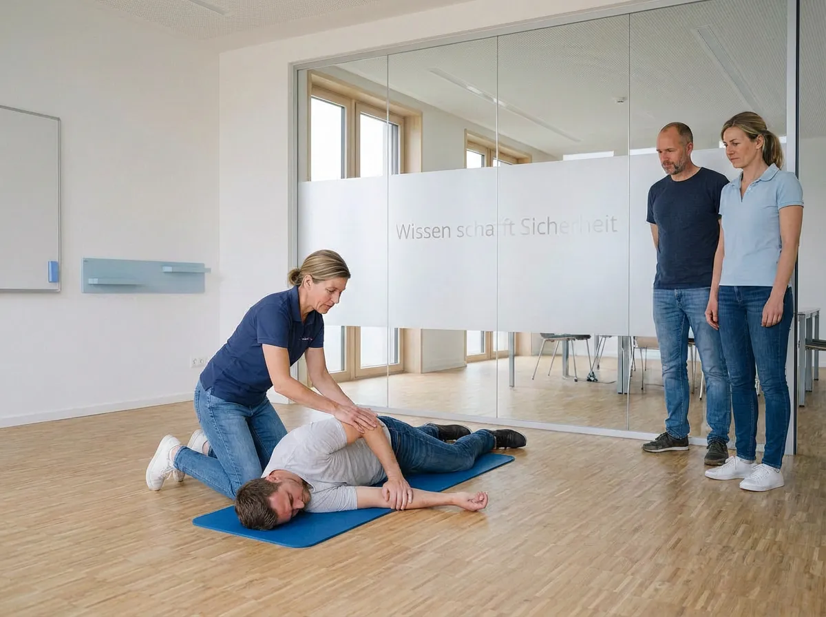 Betriebssanitäter Ausbildung: Eine Ausbilderin demonstriert die stabile Seitenlage bei einer männlichen Person auf einer blauen Matte in einem hellen Schulungsraum.