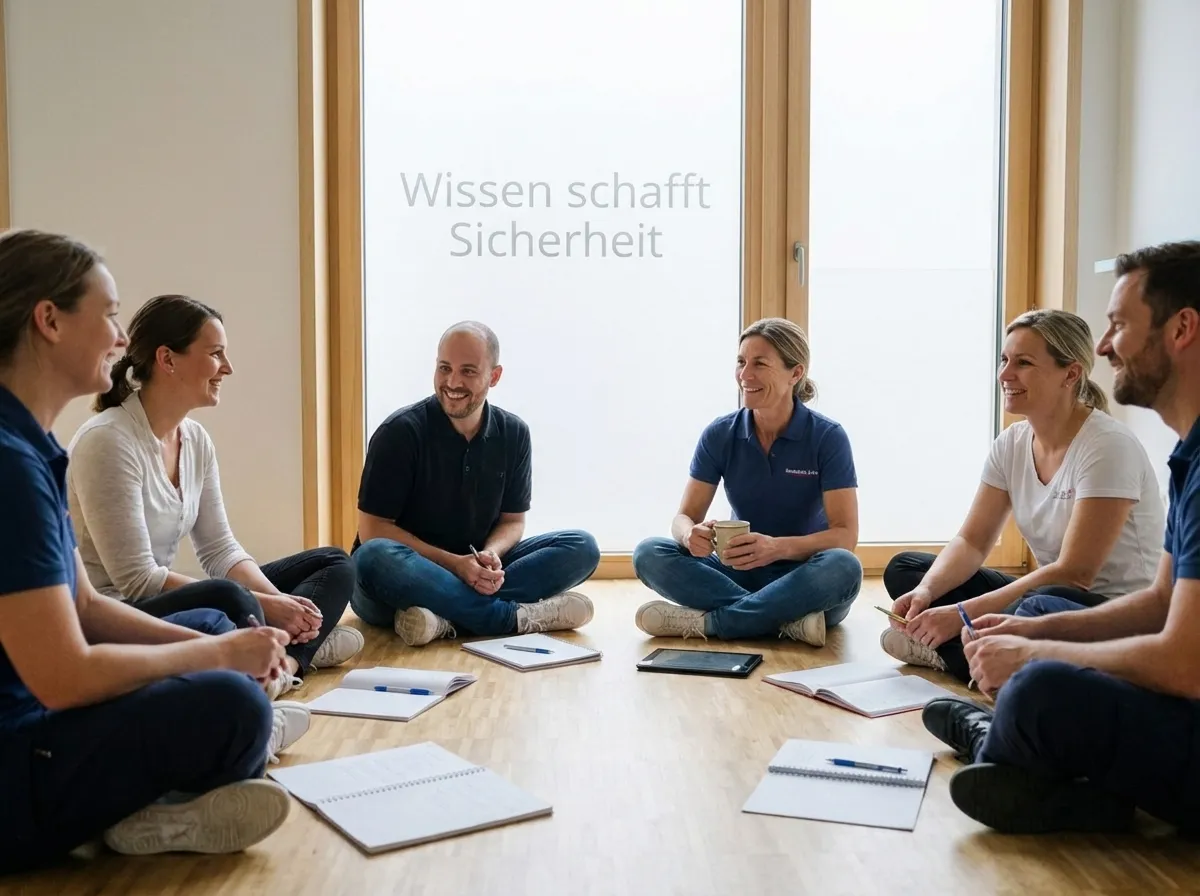 Dozent im Gesundheitswesen moderiert eine interaktive Lerngruppe im Sitzkreis auf dem Boden, Teilnehmer mit Notizblöcken in hellem Schulungsraum mit Fenster-Schriftzug "Wissen schafft Sicherheit".