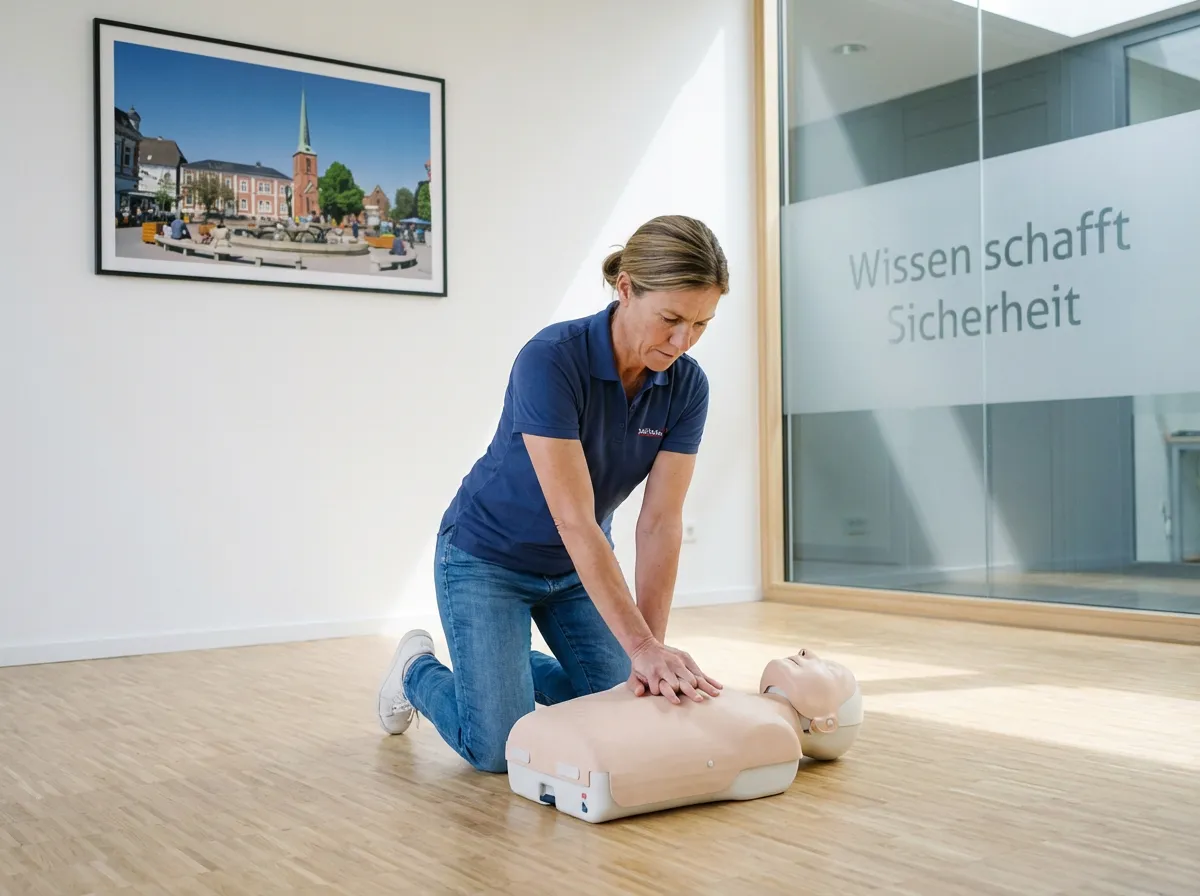 Erste Hilfe Kurs Bad Segeberg für den Führerschein: Eine Ausbilderin in blauem Poloshirt führt eine Herzdruckmassage an einer HLW-Trainingspuppe in einem hellen Schulungsraum durch.