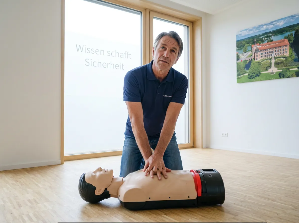 Ein Trainer zeigt die Herzdruckmassage an einer Übungspuppe für den Erste Hilfe Kurs Eutin. Im Hintergrund ist das Eutiner Schloss als lokaler Orientierungspunkt erkennbar.