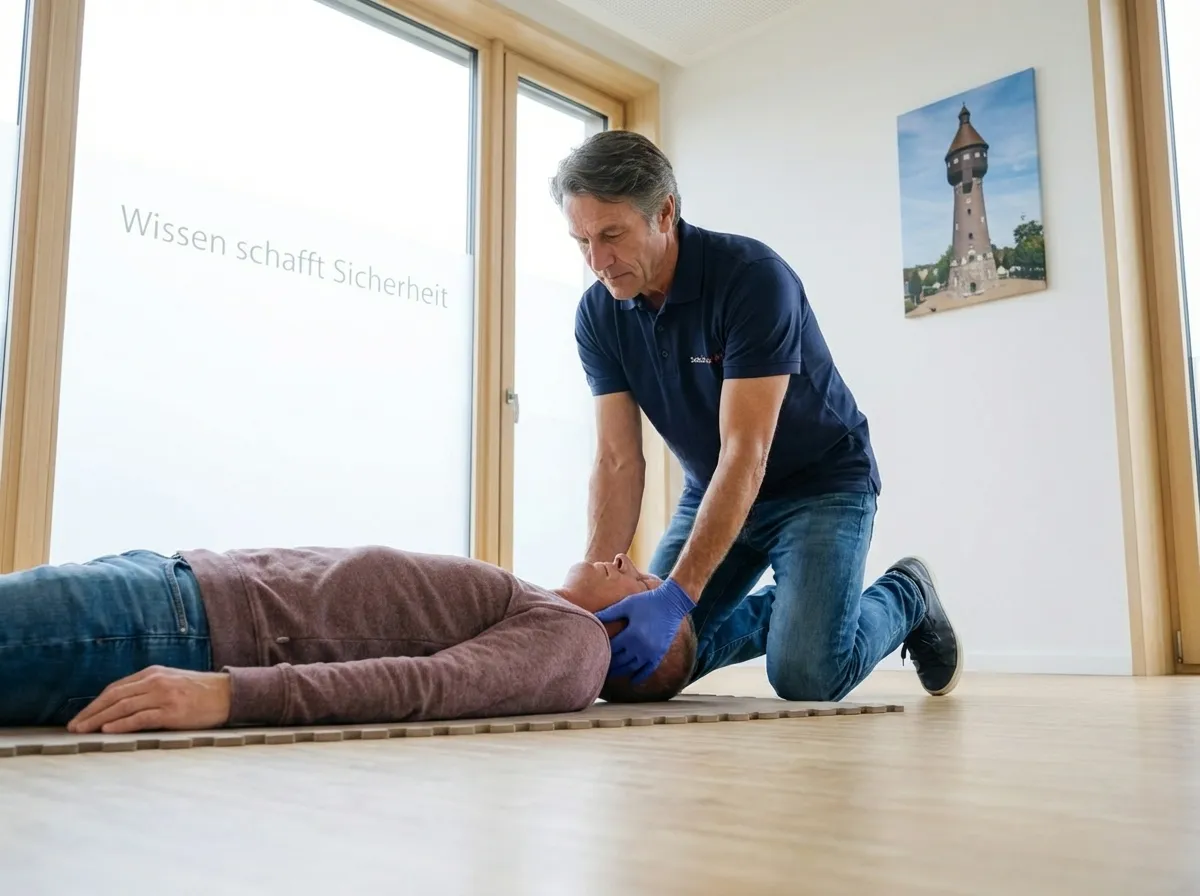 Erste Hilfe Kurs Heide für den Führerschein: Ein Ausbilder demonstriert in einem hellen Schulungsraum die korrekte Kopfstabilisierung bei einem Teilnehmer auf einer Übungsmatte. Im Hintergrund ist ein Bild des Heider Wasserturms als lokaler Orientierungspunkt zu sehen.