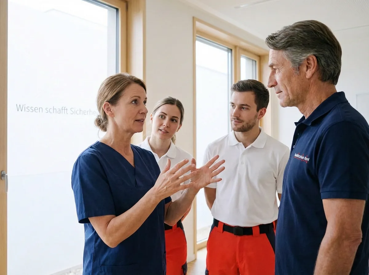 Lehrkraft im Gesundheitswesen im Gespräch mit einer Pflegerin weiteren Fachkräften über medizinische Abläufe in einem hellen Schulungsraum.