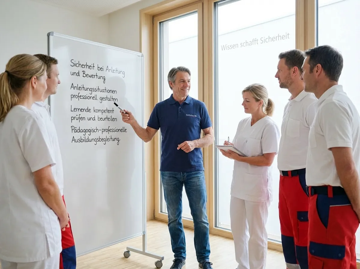 Mentor im Gesundheitswesen erklärt einer Gruppe von Fachkräften in medizinischer Kleidung pädagogische Konzepte an einem Whiteboard.