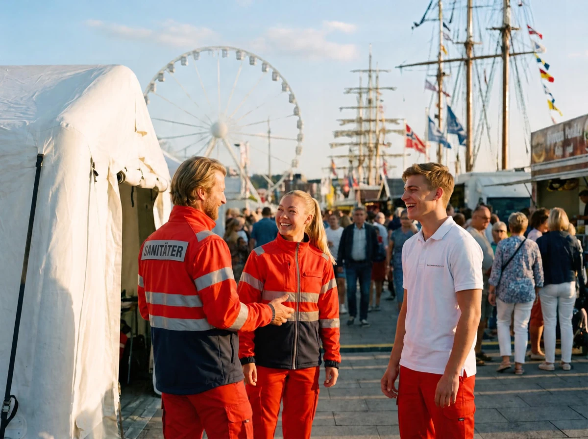 Sanitäter Ausbildung: Drei Einsatzkräfte in Dienstkleidung im Fachgespräch vor einem Sanitätszelt auf einer maritimen Großveranstaltung mit Riesenrad und Segelschiffen im Hintergrund.